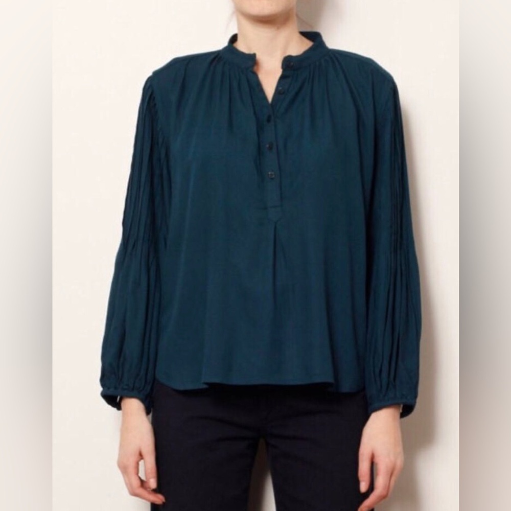 APiece Apart Bravo Pintuck Blouse Sea Storm Blue 1/2 Button Top Blouse Size 2